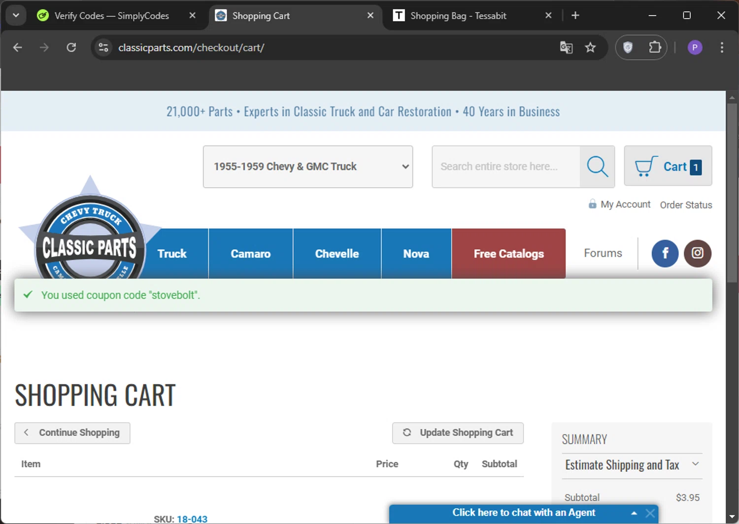 Classic Parts checkout page showing Classic Parts discount code box | Screenshot taken by SimplyCodes community member on Oct 21, 2024