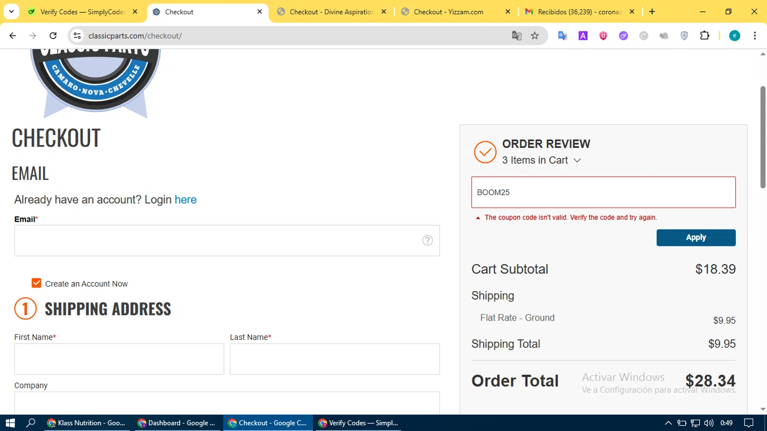 Classic Parts discount code screenshot showing code BOOM25 applied at Classic Parts checkout page. Uploaded by SimplyCodes community member BonusVoyager4214 on Jul 14, 2025