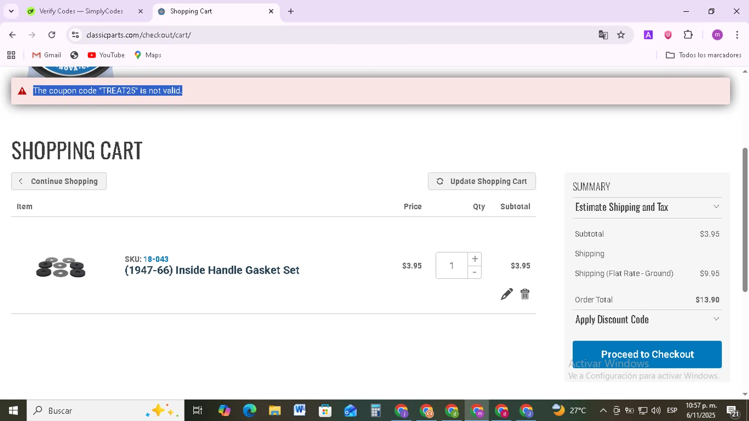 Classic Parts discount code screenshot showing code TREAT25 applied at Classic Parts checkout page. Uploaded by SimplyCodes community member BudgetMonarch8952 on Nov 7, 2025