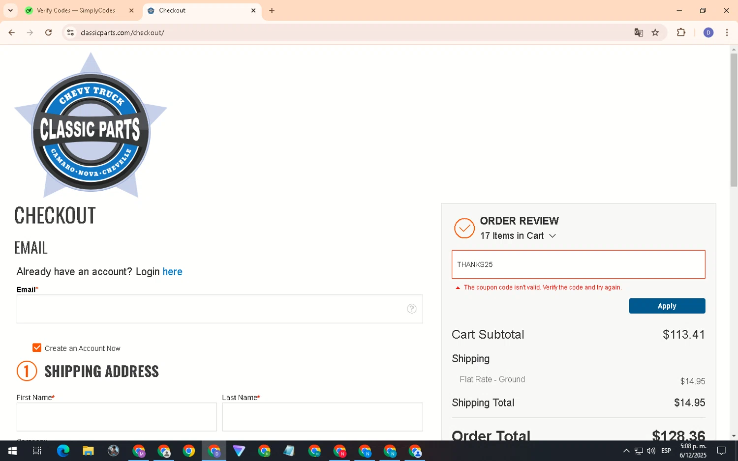 Classic Parts discount code screenshot showing code THANKS25 applied at Classic Parts checkout page. Uploaded by SimplyCodes community member PennyCurator6489 on Dec 6, 2025