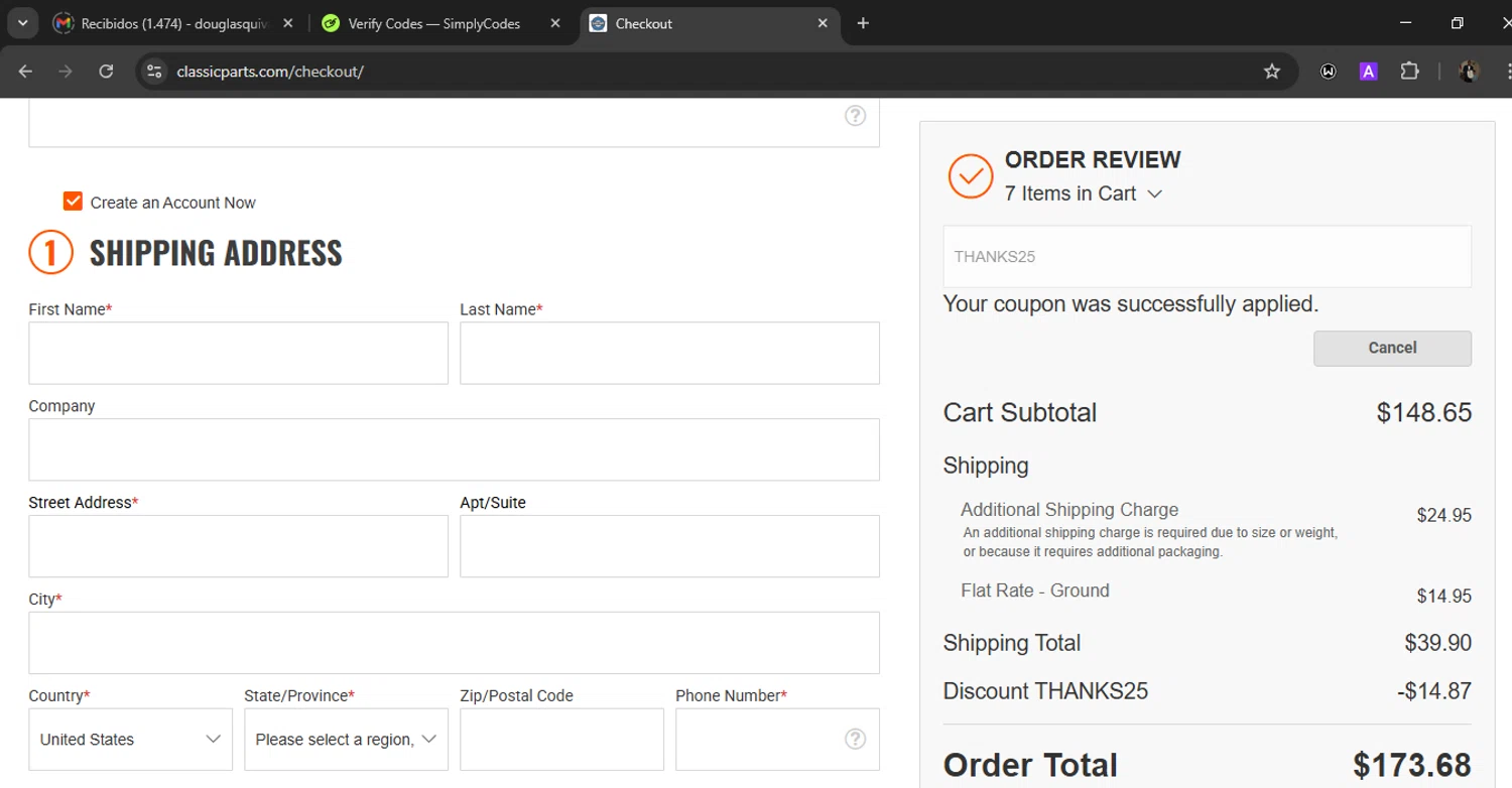 Classic Parts discount code screenshot showing code THANKS25 applied at Classic Parts checkout page. Uploaded by SimplyCodes community member WiseLegend5590 on Nov 26, 2025