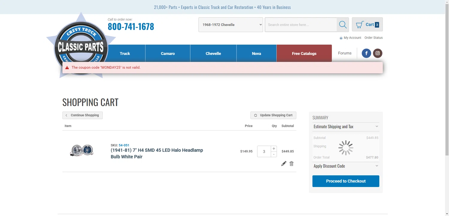 Classic Parts discount code screenshot showing code MONDAY25 applied at Classic Parts checkout page. Uploaded by SimplyCodes community member SilverPioneer1110 on Dec 8, 2025