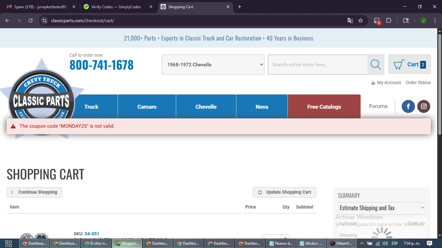 Classic Parts discount code screenshot showing code MONDAY25 applied at Classic Parts checkout page. Uploaded by SimplyCodes community member SmartLion6646 on Dec 8, 2025