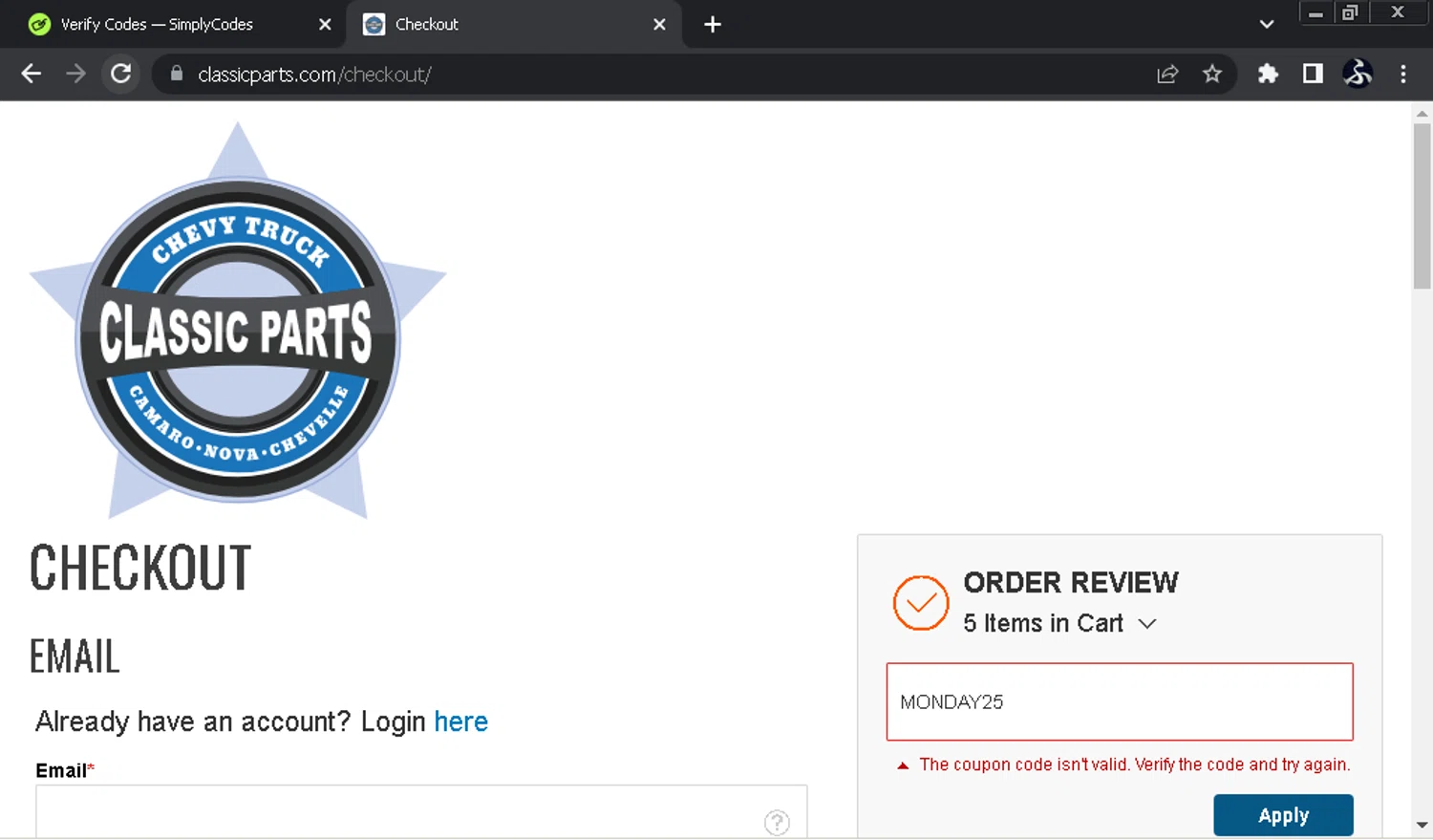 Classic Parts discount code screenshot showing code MONDAY25 applied at Classic Parts checkout page. Uploaded by SimplyCodes community member SwiftOwl697 on Dec 9, 2025