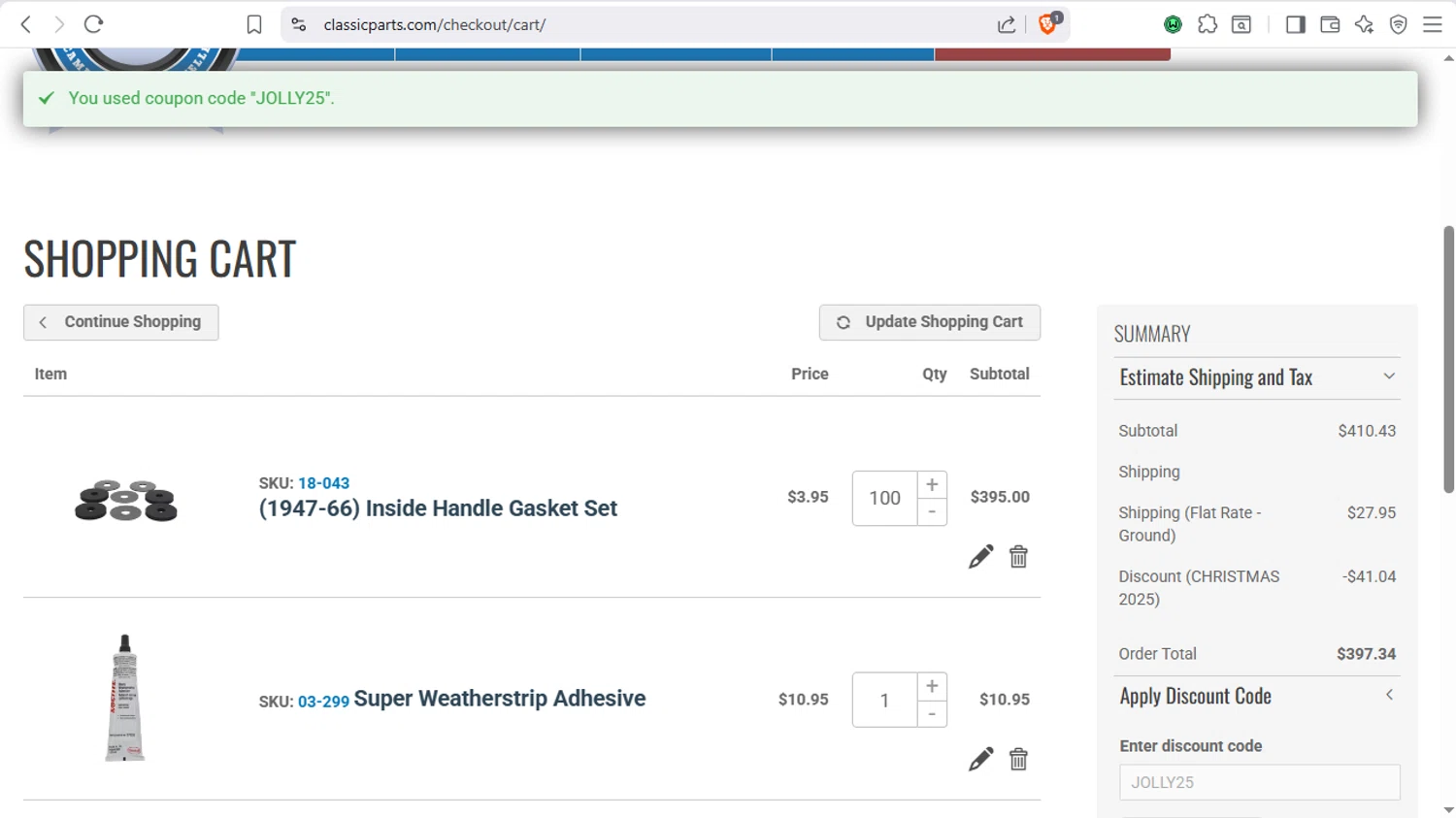 Classic Parts checkout page showing Classic Parts discount code box | Screenshot taken by SimplyCodes community member on Dec 17, 2025