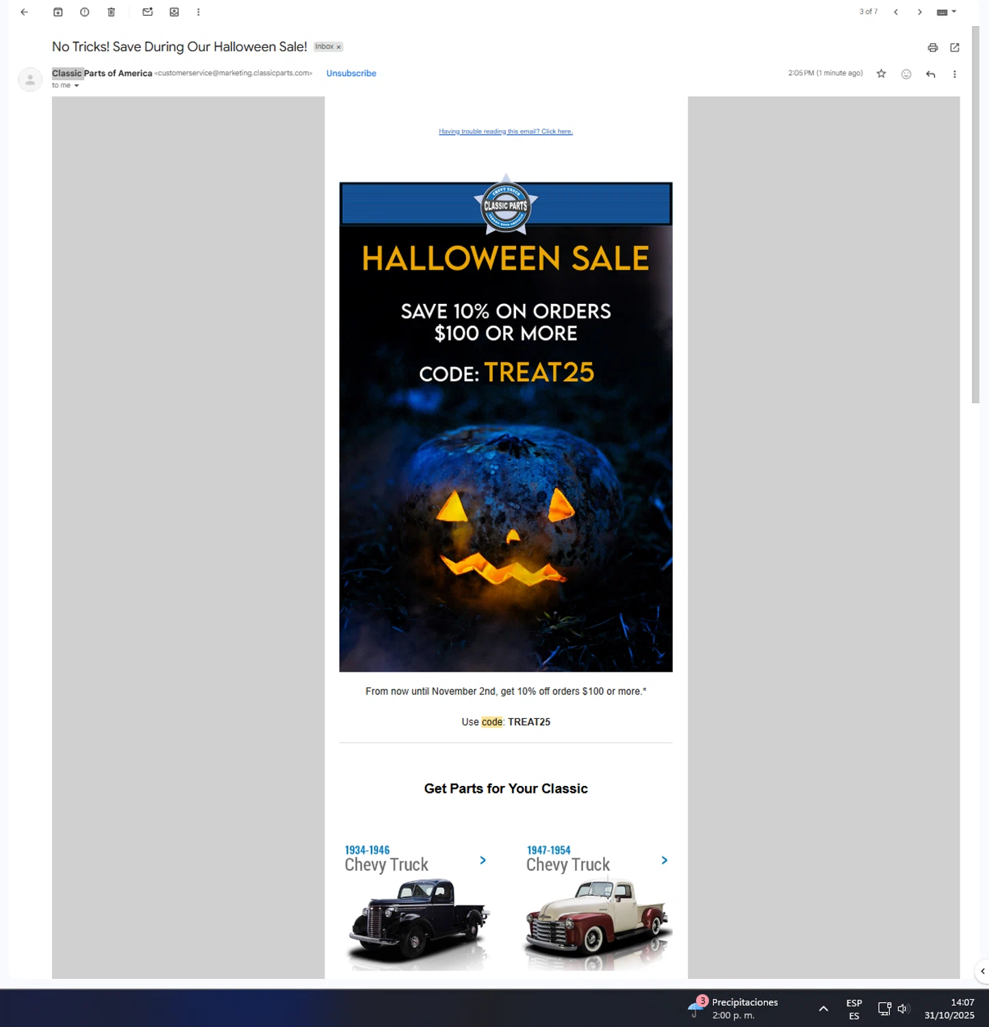 Classic Parts discount code screenshot showing code TREAT25 applied at Classic Parts checkout page. Uploaded by SimplyCodes community member UnkNownVnzla on Oct 31, 2025