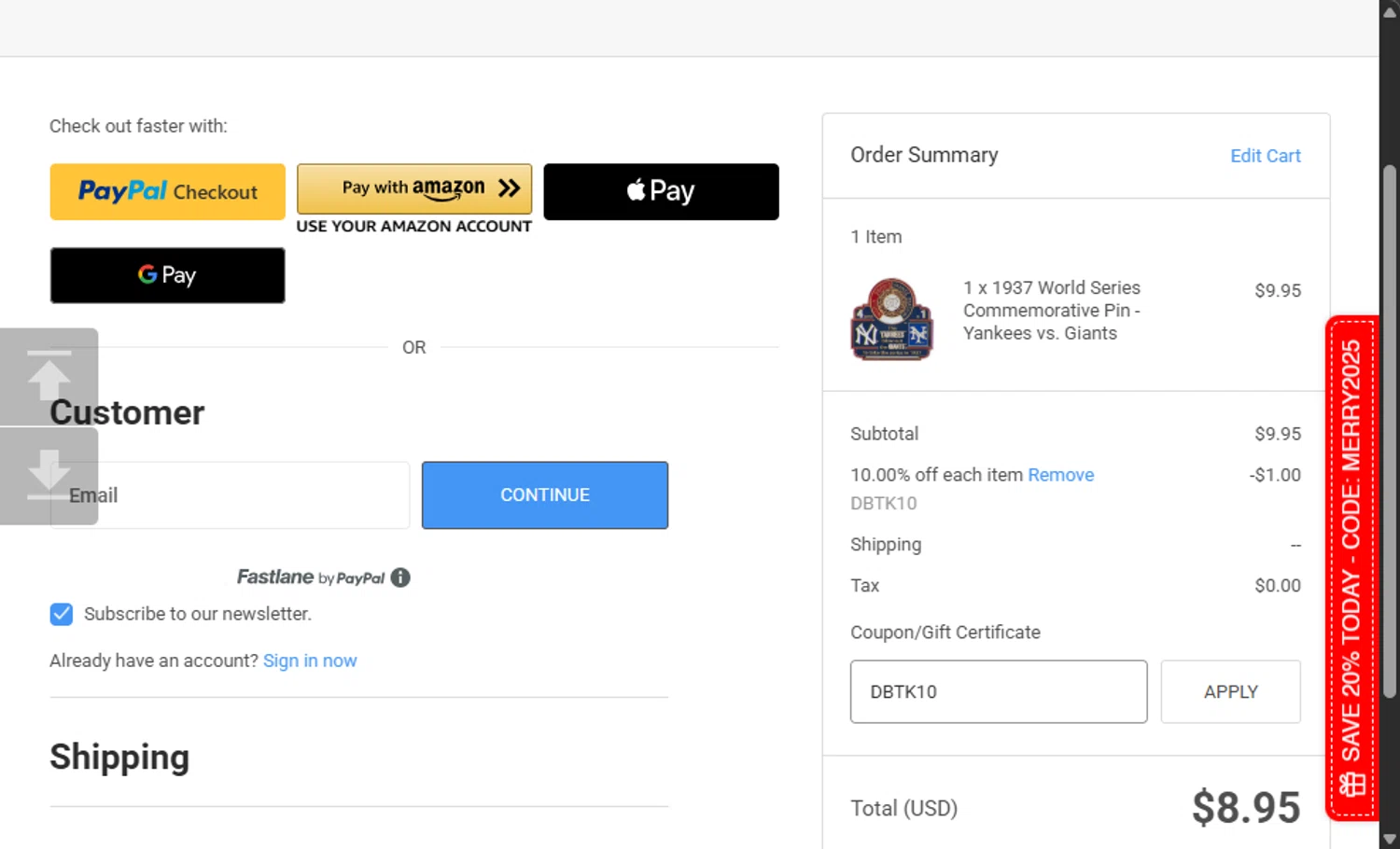 Classic Pins coupon code screenshot showing code DBTK10 applied at Classic Pins checkout page. Uploaded by SimplyCodes community member 111111 on Nov 29, 2025