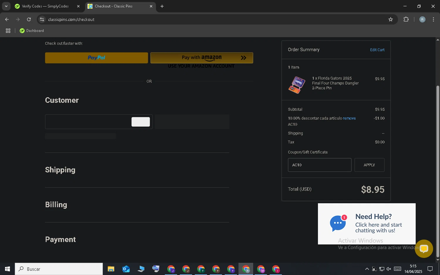 Classic Pins coupon code screenshot showing code AC10 applied at Classic Pins checkout page. Uploaded by SimplyCodes community member WonderCollector7587 on Apr 14, 2025