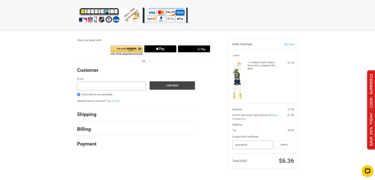 Classic Pins checkout page showing Classic Pins coupon code box | Screenshot taken by SimplyCodes community member on Aug 20, 2025