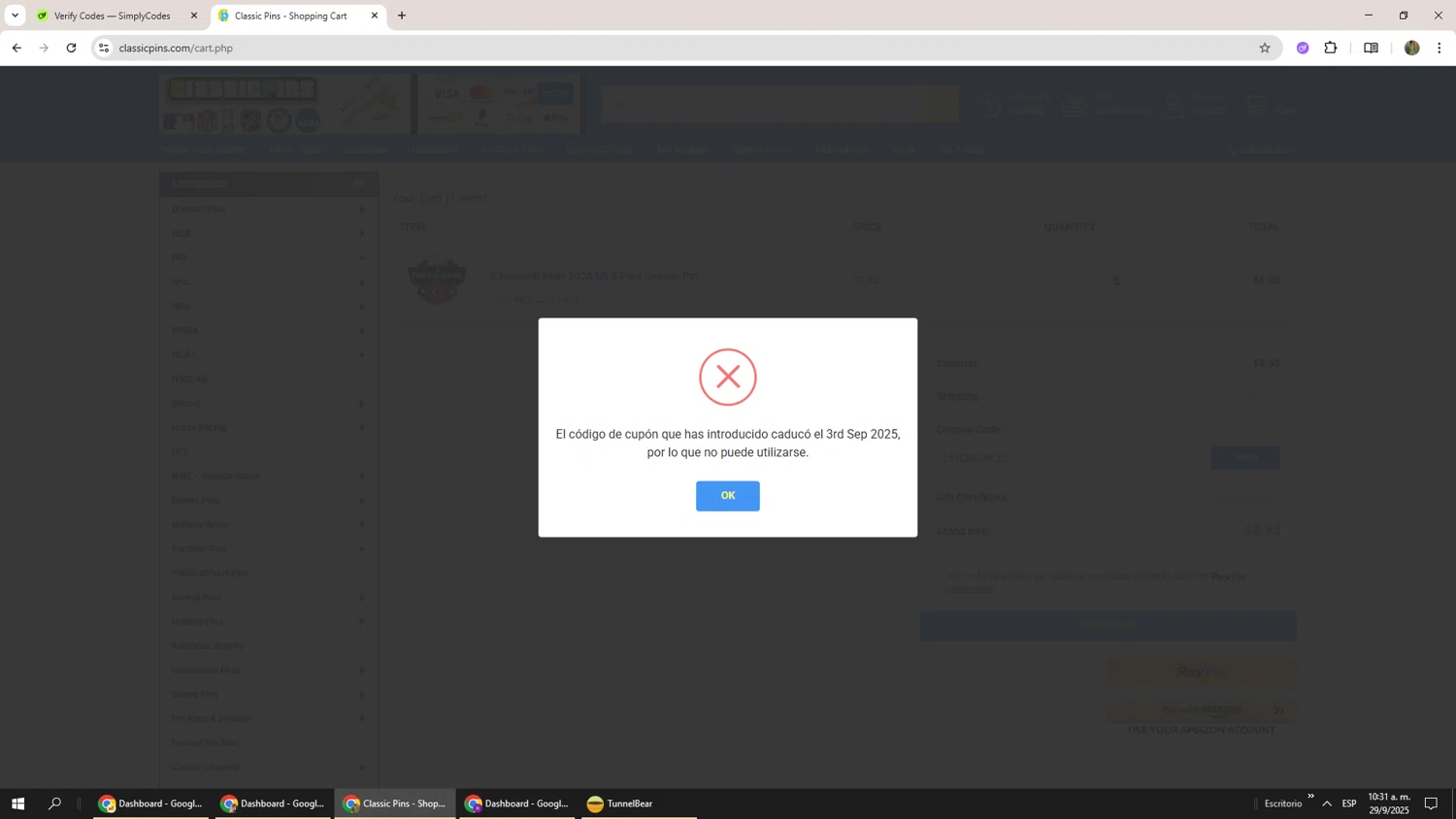Classic Pins coupon code screenshot showing code LABORDAY25 applied at Classic Pins checkout page. Uploaded by SimplyCodes community member Phoenix585 on Sep 29, 2025