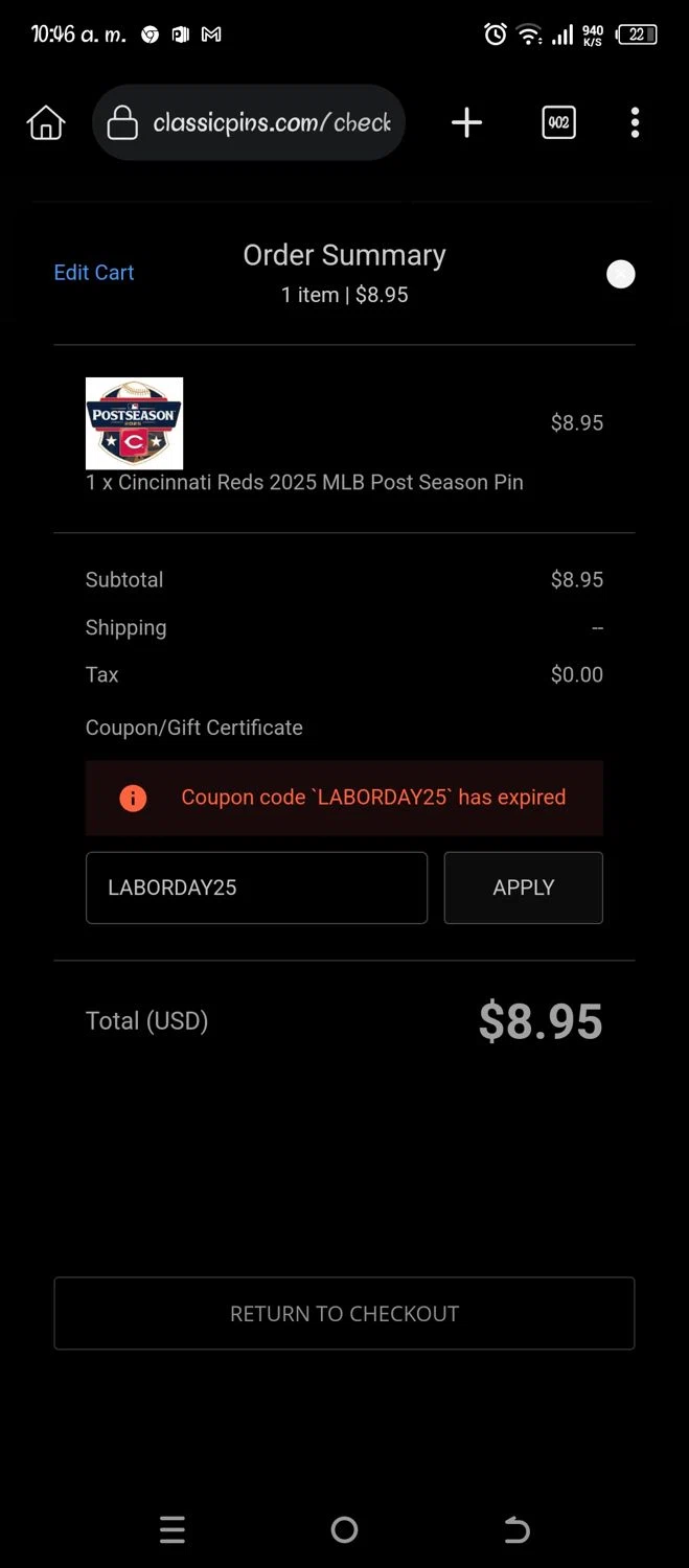 Classic Pins coupon code screenshot showing code LABORDAY25 applied at Classic Pins checkout page. Uploaded by SimplyCodes community member Pipina11 on Sep 29, 2025