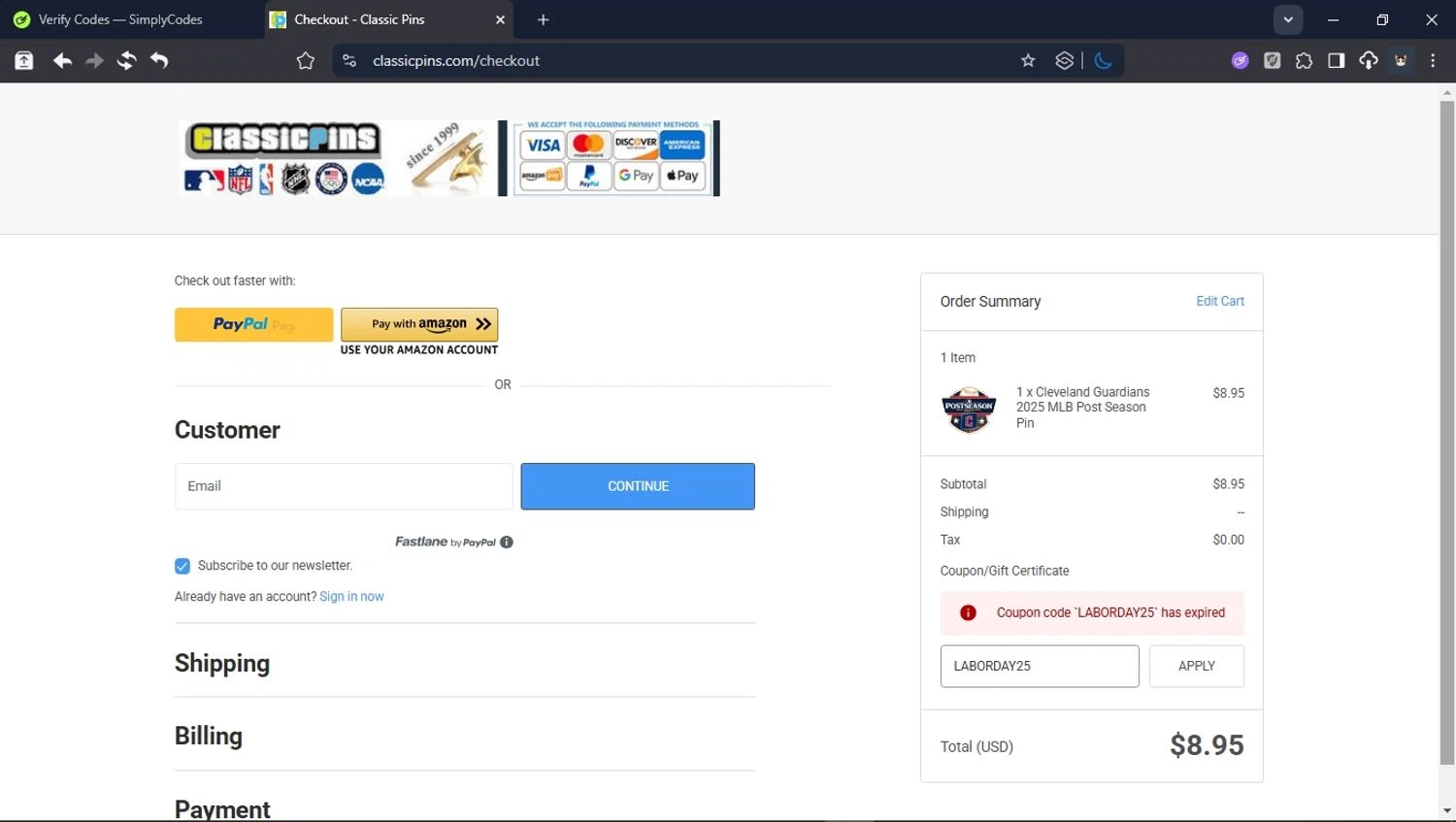 Classic Pins coupon code screenshot showing code LABORDAY25 applied at Classic Pins checkout page. Uploaded by SimplyCodes community member PromoSpotter1784 on Sep 29, 2025