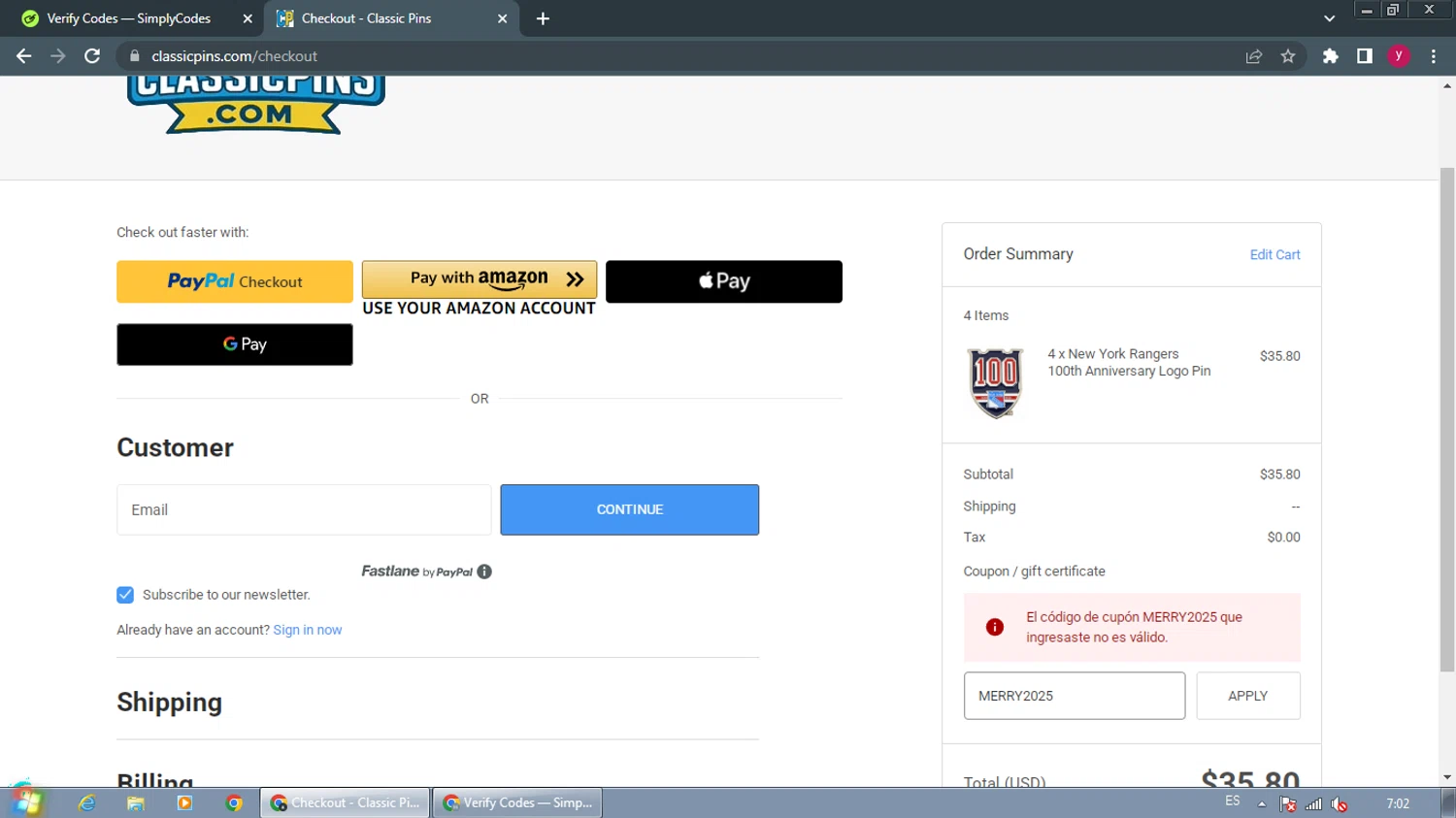 Classic Pins coupon code screenshot showing code MERRY2025 applied at Classic Pins checkout page. Uploaded by SimplyCodes community member ThriftyWizard1508 on Dec 27, 2025