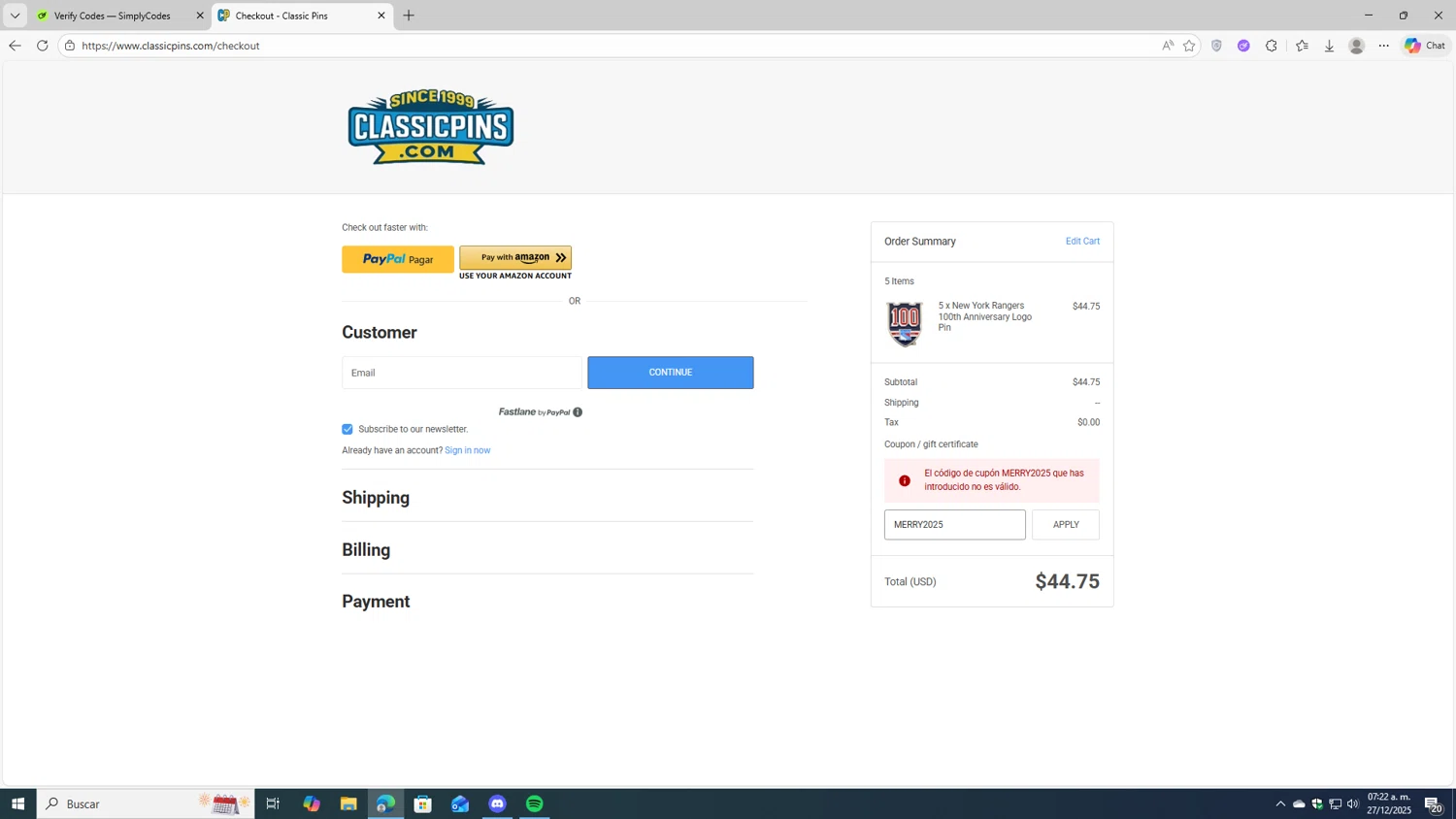 Classic Pins coupon code screenshot showing code MERRY2025 applied at Classic Pins checkout page. Uploaded by SimplyCodes community member fjkdjkldsf on Dec 27, 2025