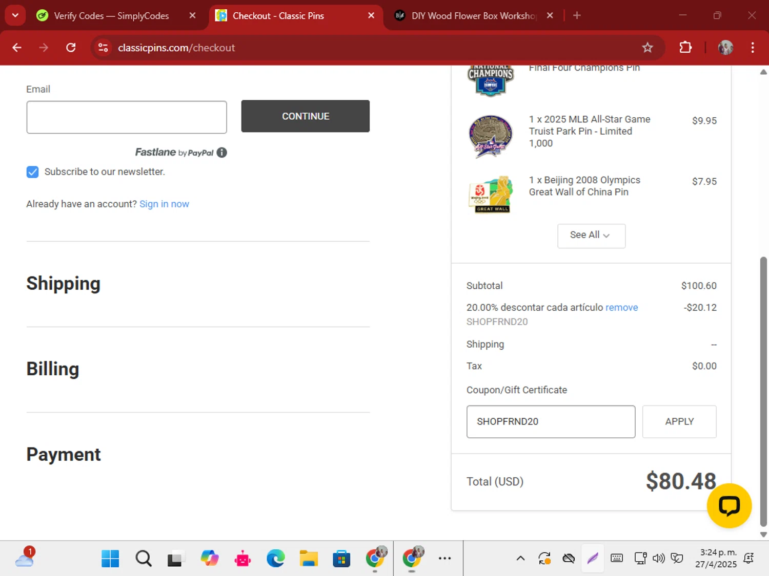 Classic Pins coupon code screenshot showing code SHOPFRND20 applied at Classic Pins checkout page. Uploaded by SimplyCodes community member ShrewdSeeker5445 on Apr 27, 2025