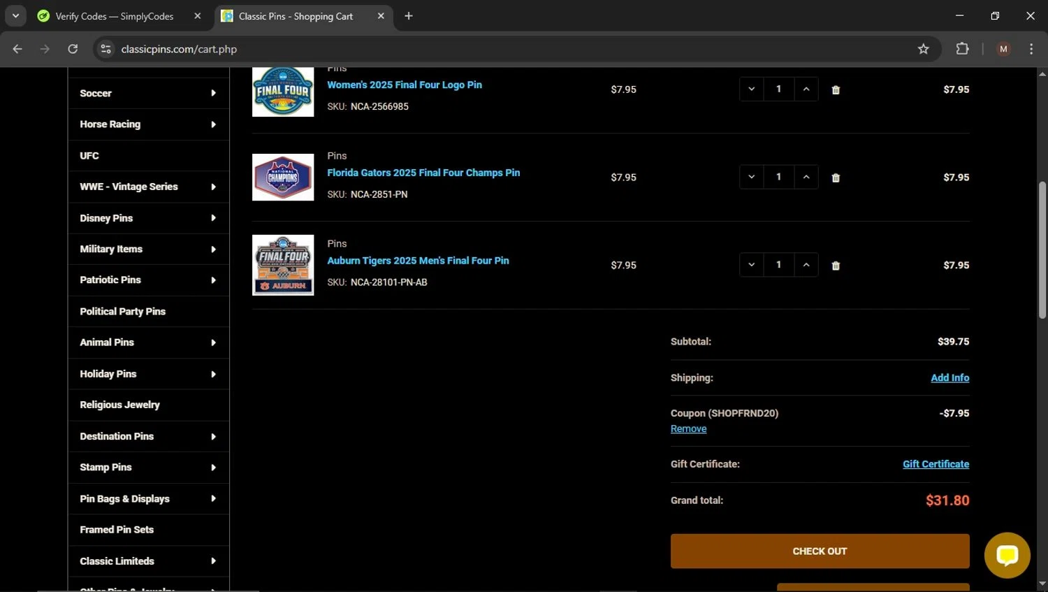 Classic Pins coupon code screenshot showing code SHOPFRND20 applied at Classic Pins checkout page. Uploaded by SimplyCodes community member SaleSentinel3142 on Apr 14, 2025