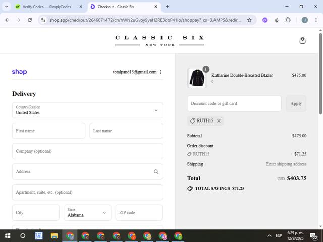 Classic Six checkout page showing Classic Six promo code box | Screenshot taken by SimplyCodes community member on Sep 12, 2025