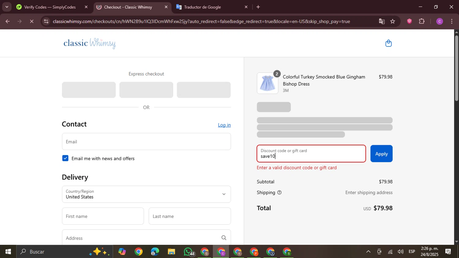Classic Whimsy discount code screenshot showing code save10 applied at Classic Whimsy checkout page. Uploaded by SimplyCodes community member FrugalPro5078 on Aug 24, 2025