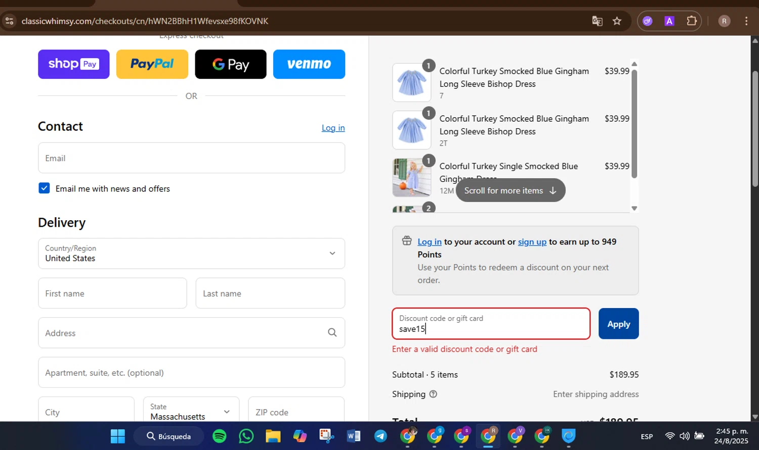 Classic Whimsy discount code screenshot showing code save15 applied at Classic Whimsy checkout page. Uploaded by SimplyCodes community member CleverLynx5188 on Aug 24, 2025