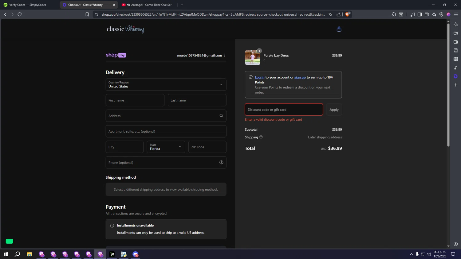 Classic Whimsy discount code screenshot showing code HAPPYSMS applied at Classic Whimsy checkout page. Uploaded by SimplyCodes community member EasyFast on Aug 18, 2025