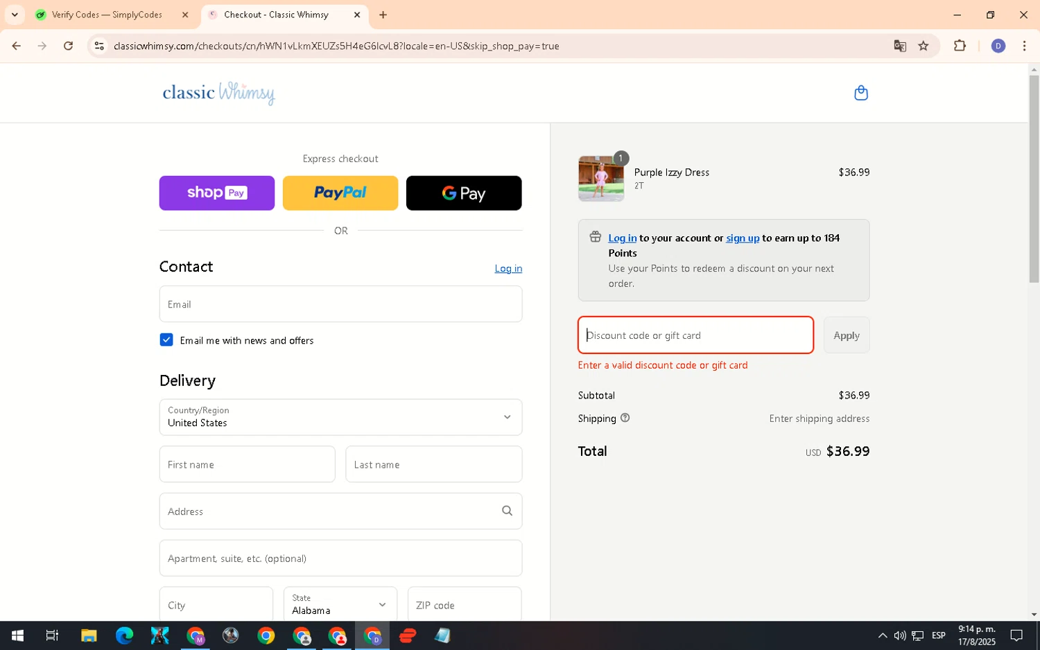 Classic Whimsy discount code screenshot showing code HAPPYSMS applied at Classic Whimsy checkout page. Uploaded by SimplyCodes community member PennyCurator6489 on Aug 18, 2025