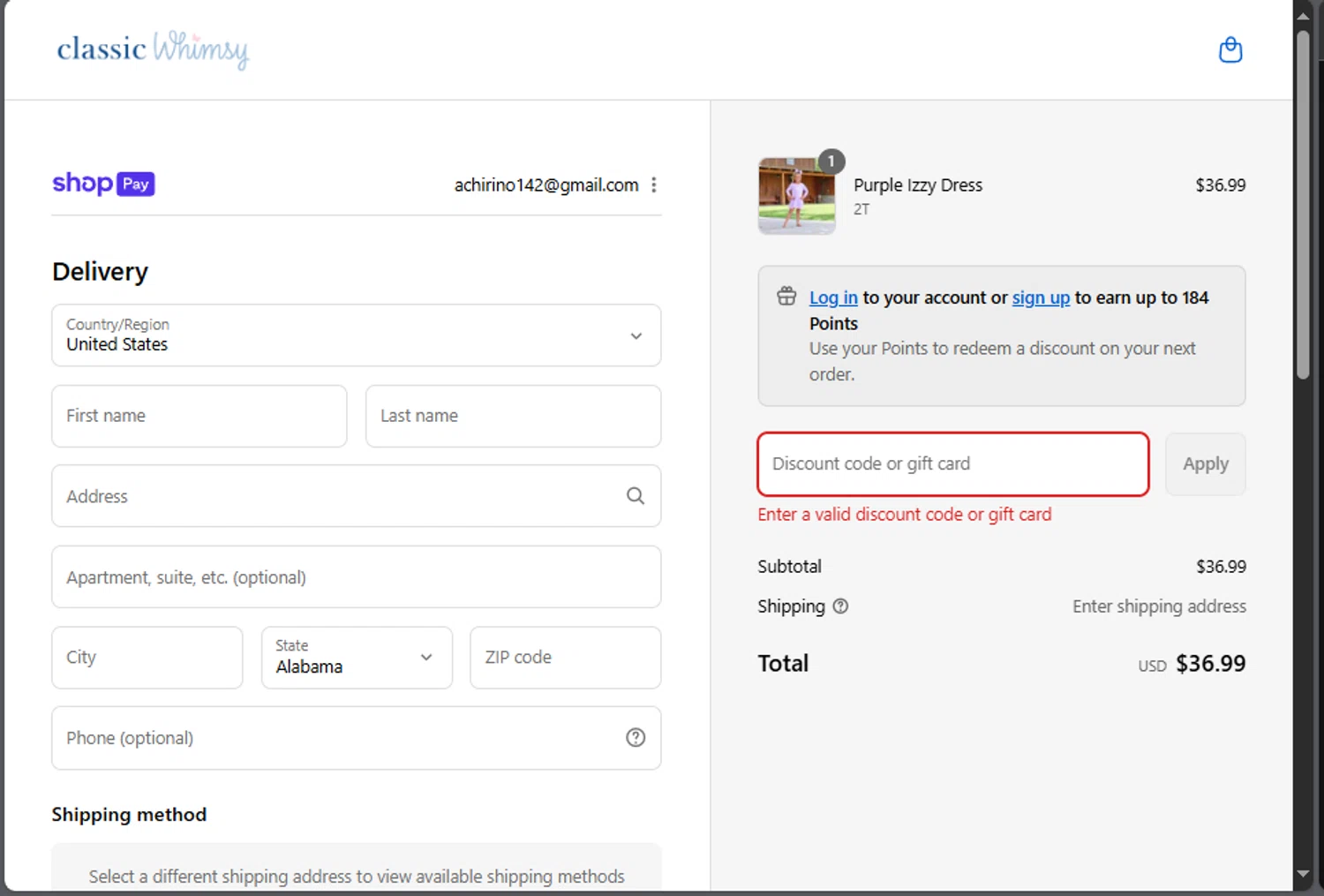 Classic Whimsy discount code screenshot showing code HAPPYSMS applied at Classic Whimsy checkout page. Uploaded by SimplyCodes community member carloschirino on Aug 18, 2025