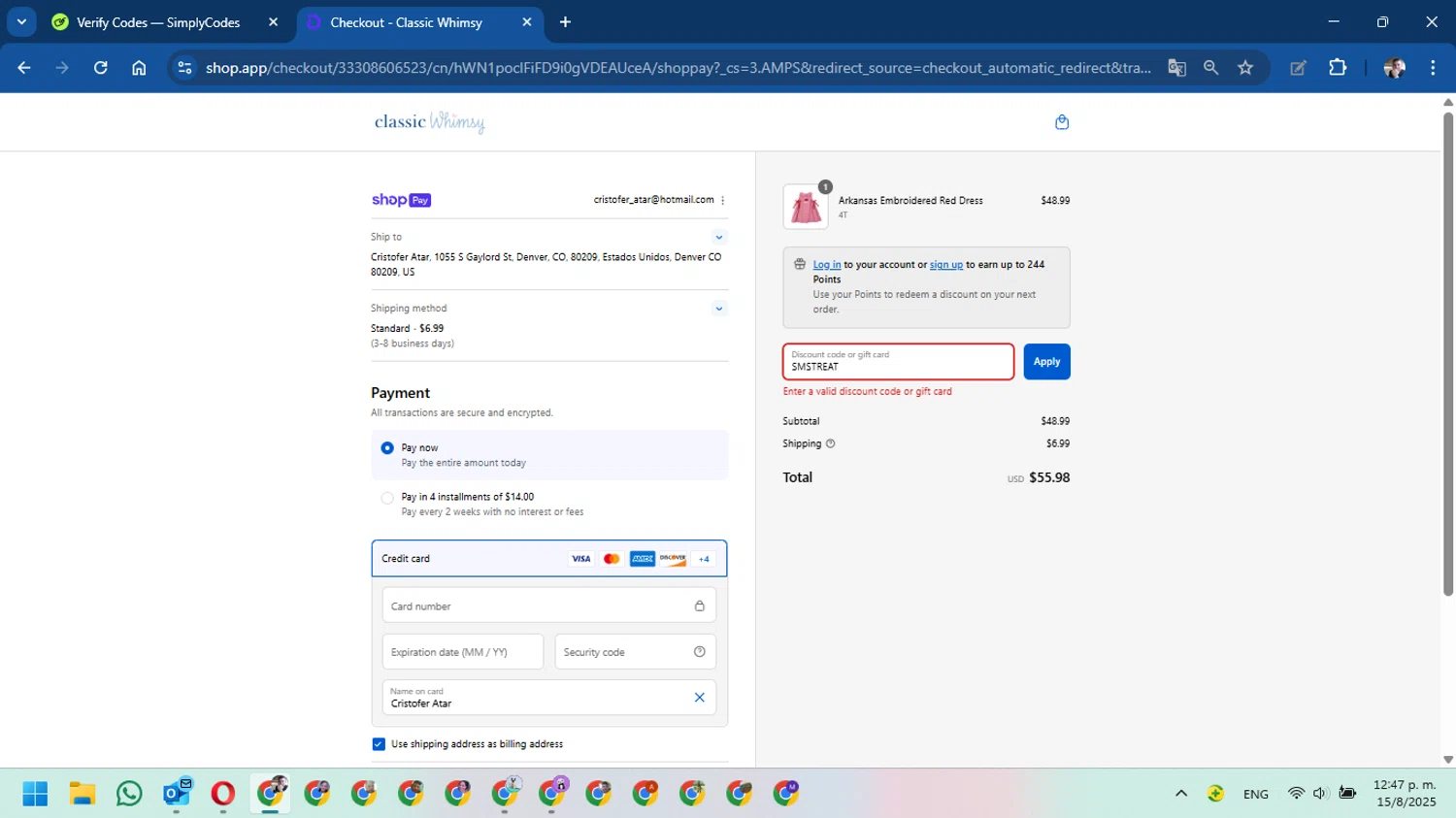 Classic Whimsy discount code screenshot showing code SMSTREAT applied at Classic Whimsy checkout page. Uploaded by SimplyCodes community member DavidMGF on Aug 15, 2025