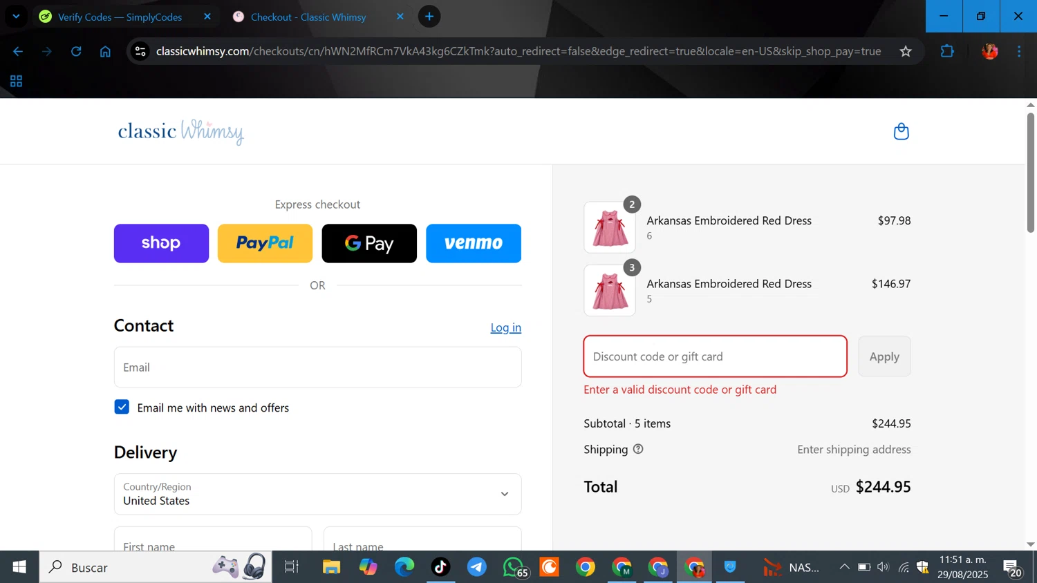 Classic Whimsy discount code screenshot showing code SMSTREAT applied at Classic Whimsy checkout page. Uploaded by SimplyCodes community member ELGOAT on Aug 29, 2025