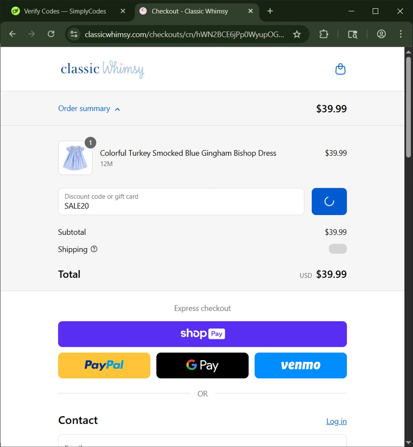 Classic Whimsy discount code screenshot showing code SALE20 applied at Classic Whimsy checkout page. Uploaded by SimplyCodes community member CashWizard4502 on Aug 24, 2025