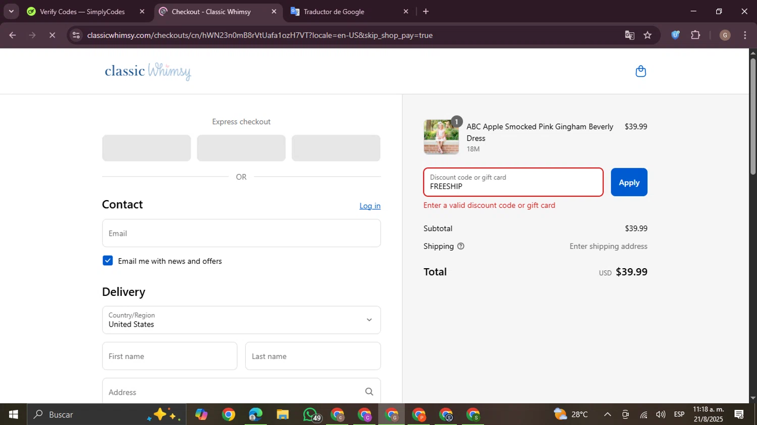 Classic Whimsy discount code screenshot showing code FREESHIP applied at Classic Whimsy checkout page. Uploaded by SimplyCodes community member BrilliantTracker4207 on Aug 21, 2025
