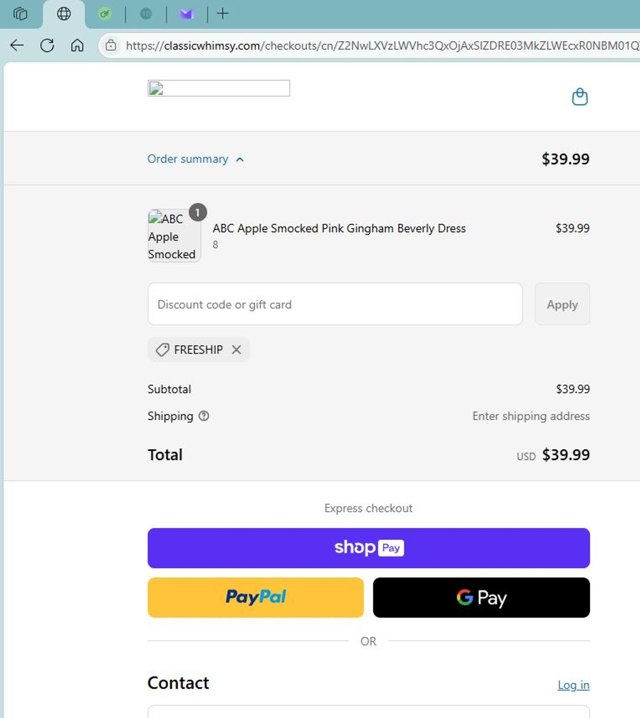 Classic Whimsy checkout page showing Classic Whimsy discount code box | Screenshot taken by SimplyCodes community member on May 16, 2025