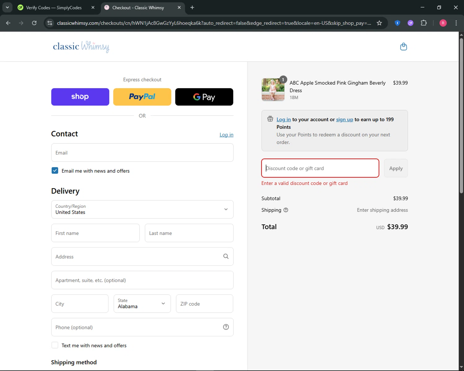 Classic Whimsy discount code screenshot showing code FREESHIP applied at Classic Whimsy checkout page. Uploaded by SimplyCodes community member ThriftyGuardian8485 on Aug 12, 2025