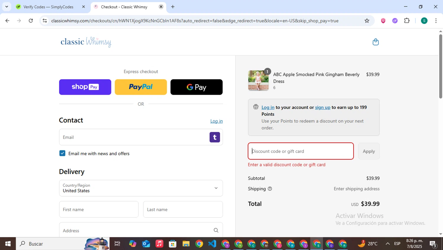 Classic Whimsy discount code screenshot showing code FREESHIP applied at Classic Whimsy checkout page. Uploaded by SimplyCodes community member VictoriousPilot5281 on Aug 8, 2025
