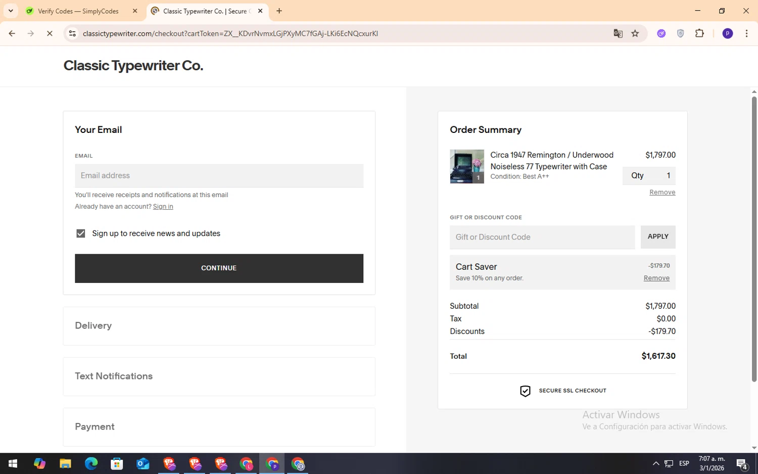Classic Typewriter checkout page showing Classic Typewriter promo code box | Screenshot taken by SimplyCodes community member on Jan 3, 2026