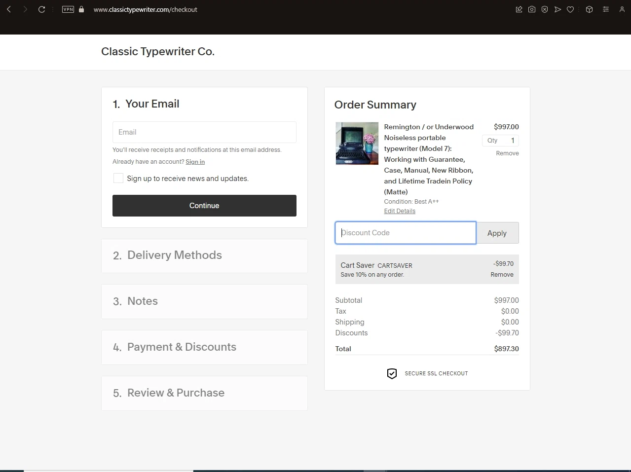 Classic Typewriter checkout page showing Classic Typewriter promo code box | Screenshot taken by SimplyCodes community member on Jul 31, 2023