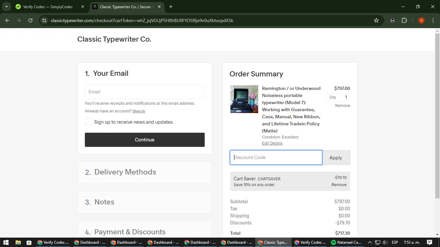 Classic Typewriter checkout page showing Classic Typewriter promo code box | Screenshot taken by SimplyCodes community member on May 13, 2024