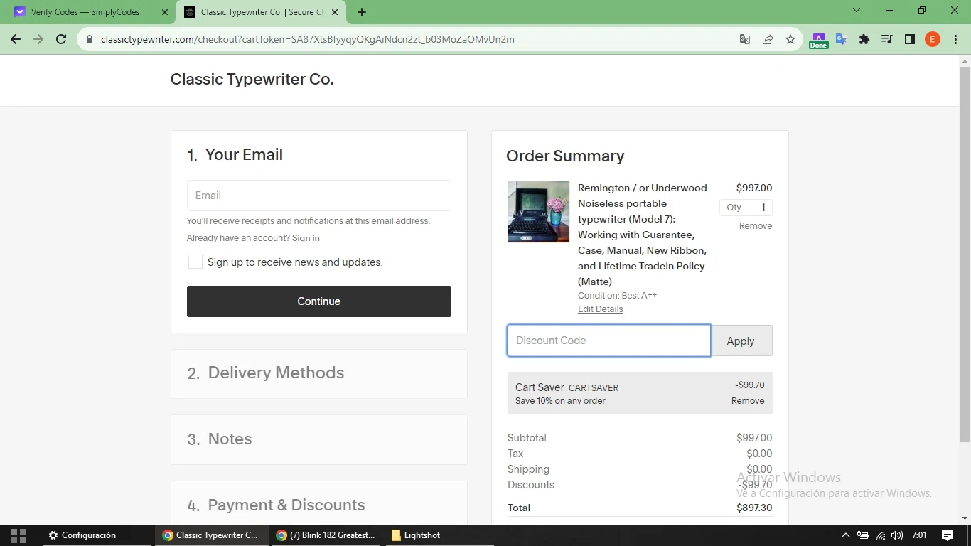 Classic Typewriter checkout page showing Classic Typewriter promo code box | Screenshot taken by SimplyCodes community member on Aug 29, 2023