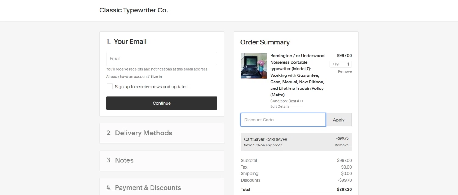 Classic Typewriter checkout page showing Classic Typewriter promo code box | Screenshot taken by SimplyCodes community member on Jul 2, 2023