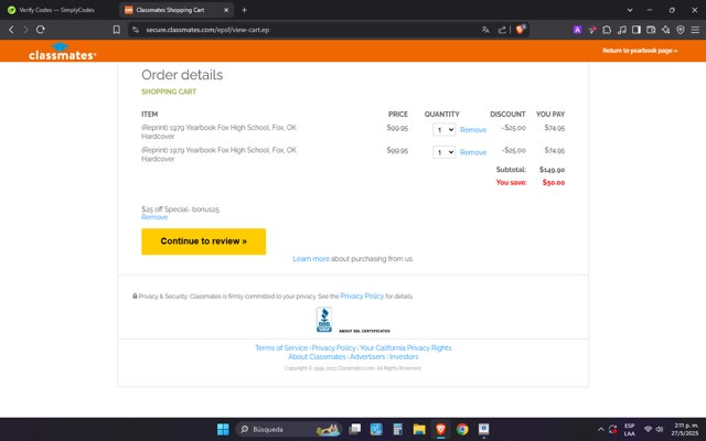 Classmates checkout page showing Classmates promo code box | Screenshot taken by SimplyCodes community member on May 27, 2025