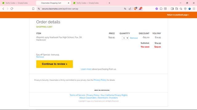 Classmates checkout page showing Classmates promo code box | Screenshot taken by SimplyCodes community member on Jul 24, 2025