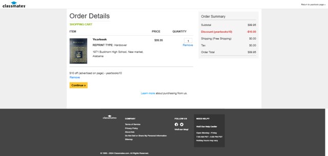 Classmates checkout page showing Classmates promo code box | Screenshot taken by SimplyCodes community member on Dec 16, 2024