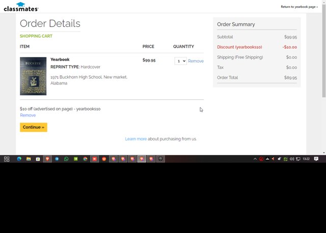 Classmates checkout page showing Classmates promo code box | Screenshot taken by SimplyCodes community member on Dec 31, 2024