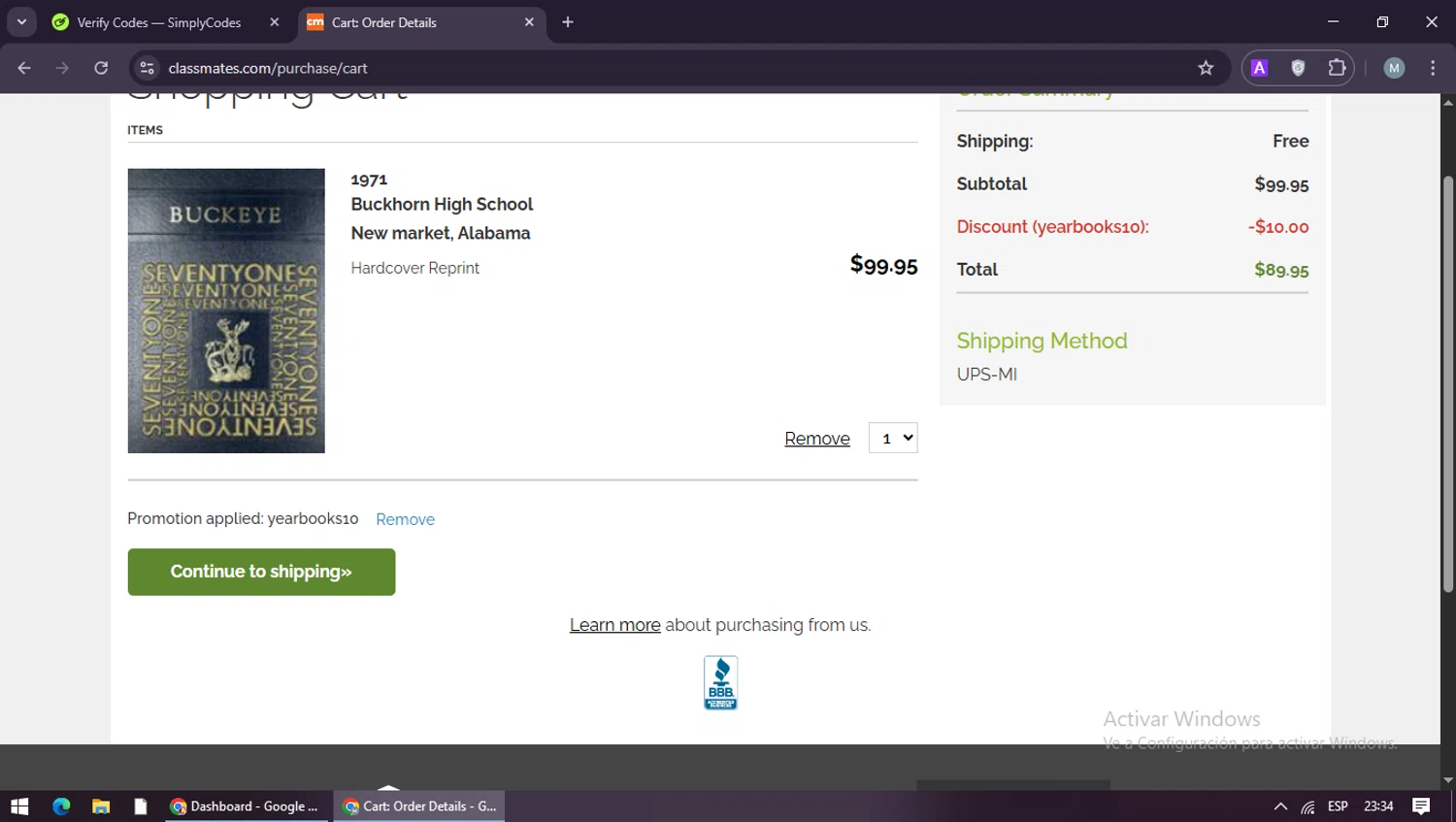 Classmates promo code screenshot showing code yearbooks10 applied at Classmates checkout page. Uploaded by SimplyCodes community member maraxo on Jan 28, 2026