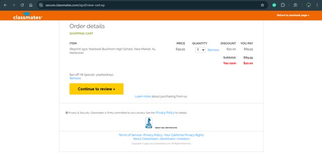 Classmates checkout page showing Classmates promo code box | Screenshot taken by SimplyCodes community member on Feb 10, 2025
