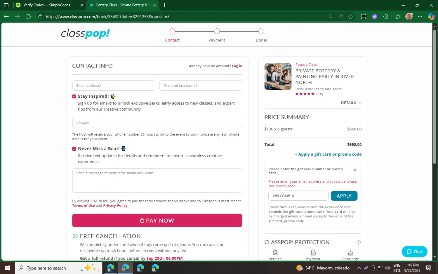 Classpop! promo code screenshot showing code WELCOME10 applied at Classpop! checkout page. Uploaded by SimplyCodes community member CouponPro4243 on Sep 26, 2025