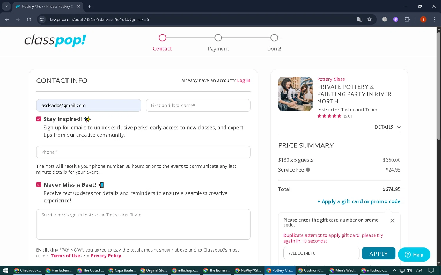 Classpop! promo code screenshot showing code WELCOME10 applied at Classpop! checkout page. Uploaded by SimplyCodes community member FortunateGenius936 on Oct 9, 2025