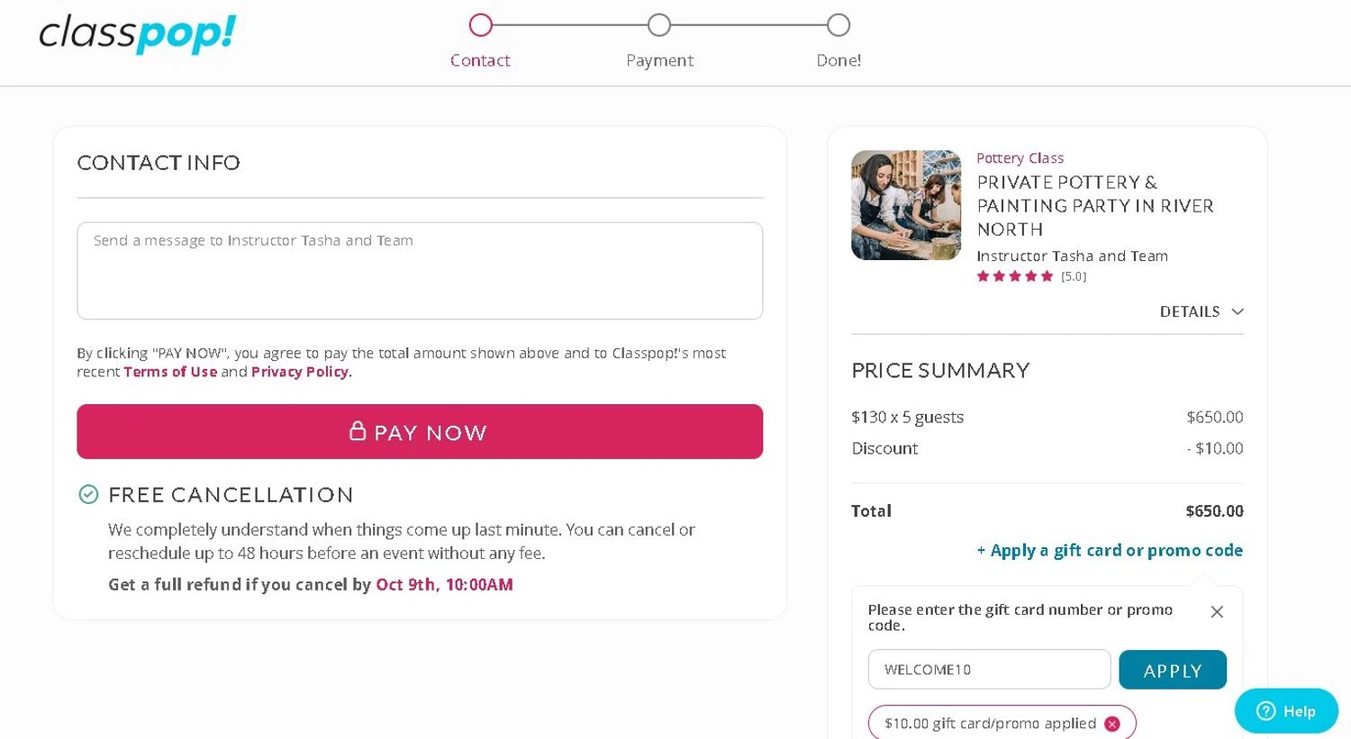 Classpop! promo code screenshot showing code WELCOME10 applied at Classpop! checkout page. Uploaded by SimplyCodes community member LAMINEJAMAL on Oct 9, 2025