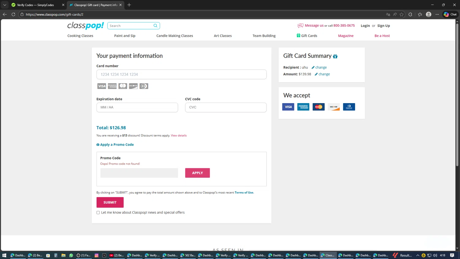 Classpop! promo code screenshot showing code CHEFLEGINA applied at Classpop! checkout page. Uploaded by SimplyCodes community member Kaizen on Feb 9, 2026
