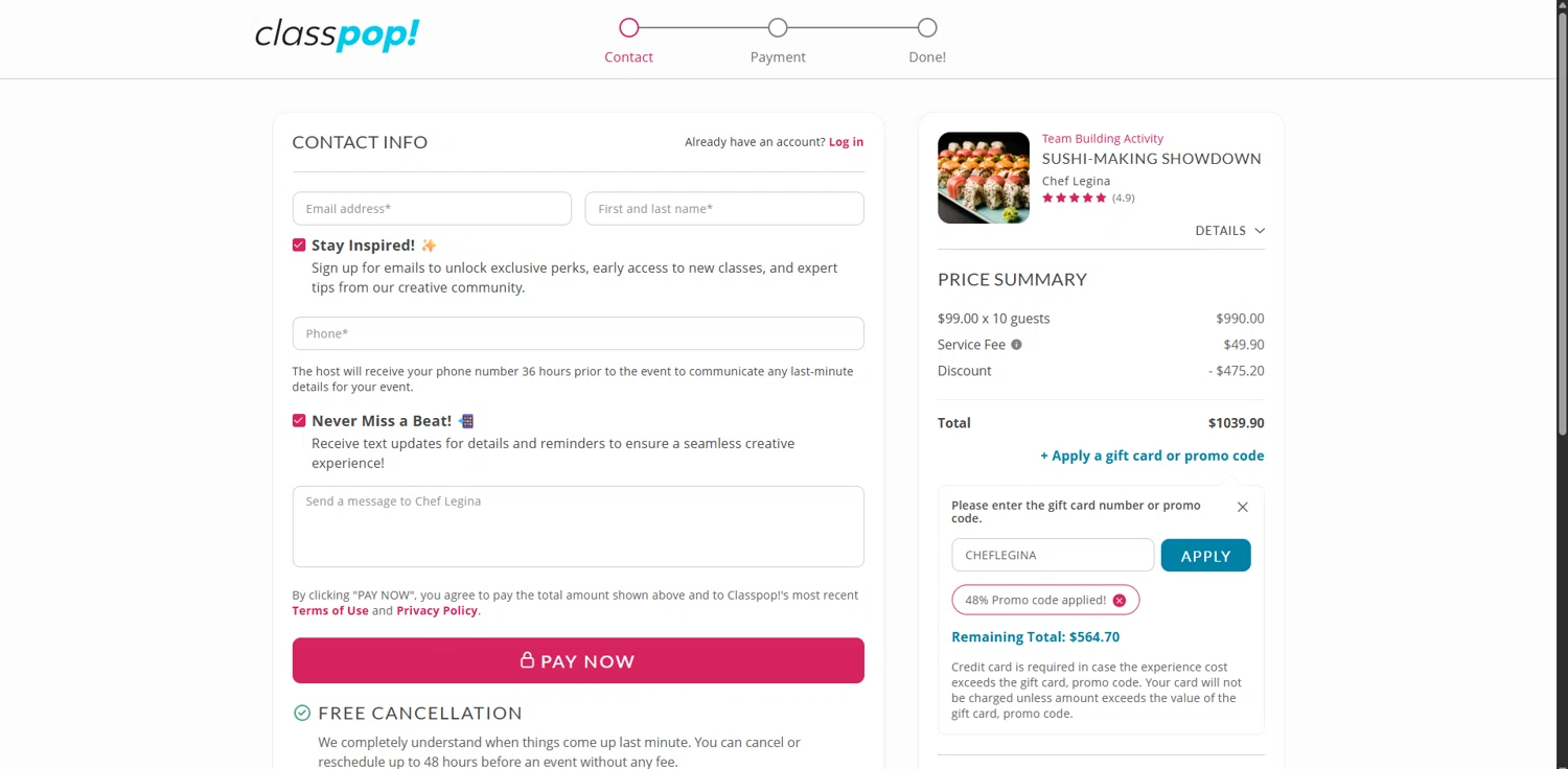 Classpop! promo code screenshot showing code CHEFLEGINA applied at Classpop! checkout page. Uploaded by SimplyCodes community member LegendaryCurator4133 on Nov 26, 2025