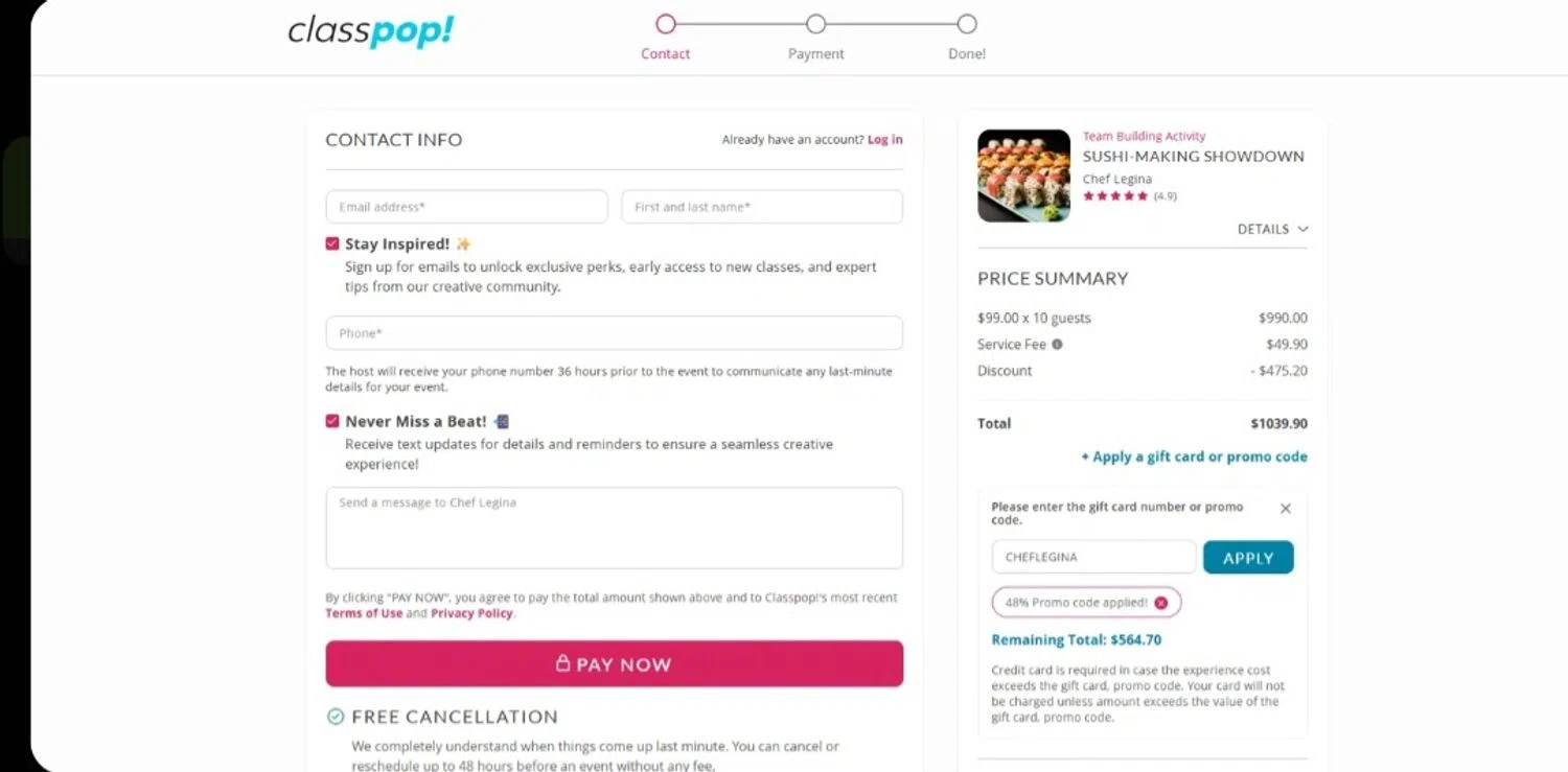 Classpop! promo code screenshot showing code CHEFLEGINA applied at Classpop! checkout page. Uploaded by SimplyCodes community member tulioriera on Dec 25, 2025
